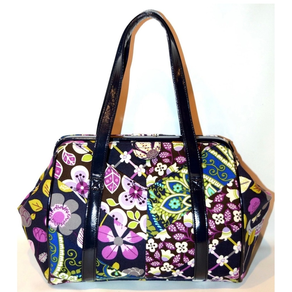 Vera Bradley Floral Nightingale Frame Satchel Hand Bag Patent Trim Vintage Style